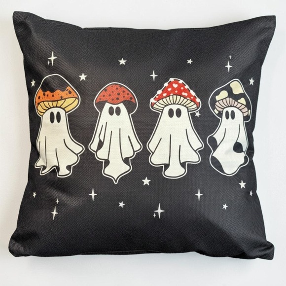 Other - Ghost Mushroom Halloween Pillow‎ Cover Black Cottagecore Spooky Decor 18x18 NWOT